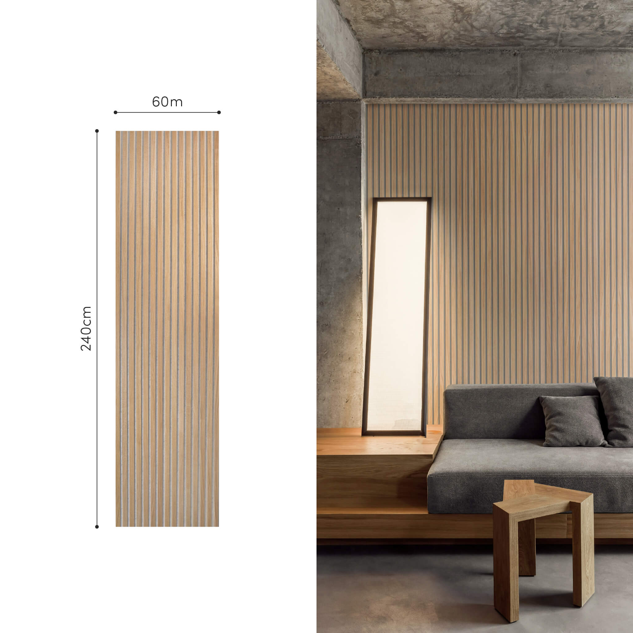 Akustikpaneele Walleu 240 x 60 cm | Natürliche Eiche - Filz Grau