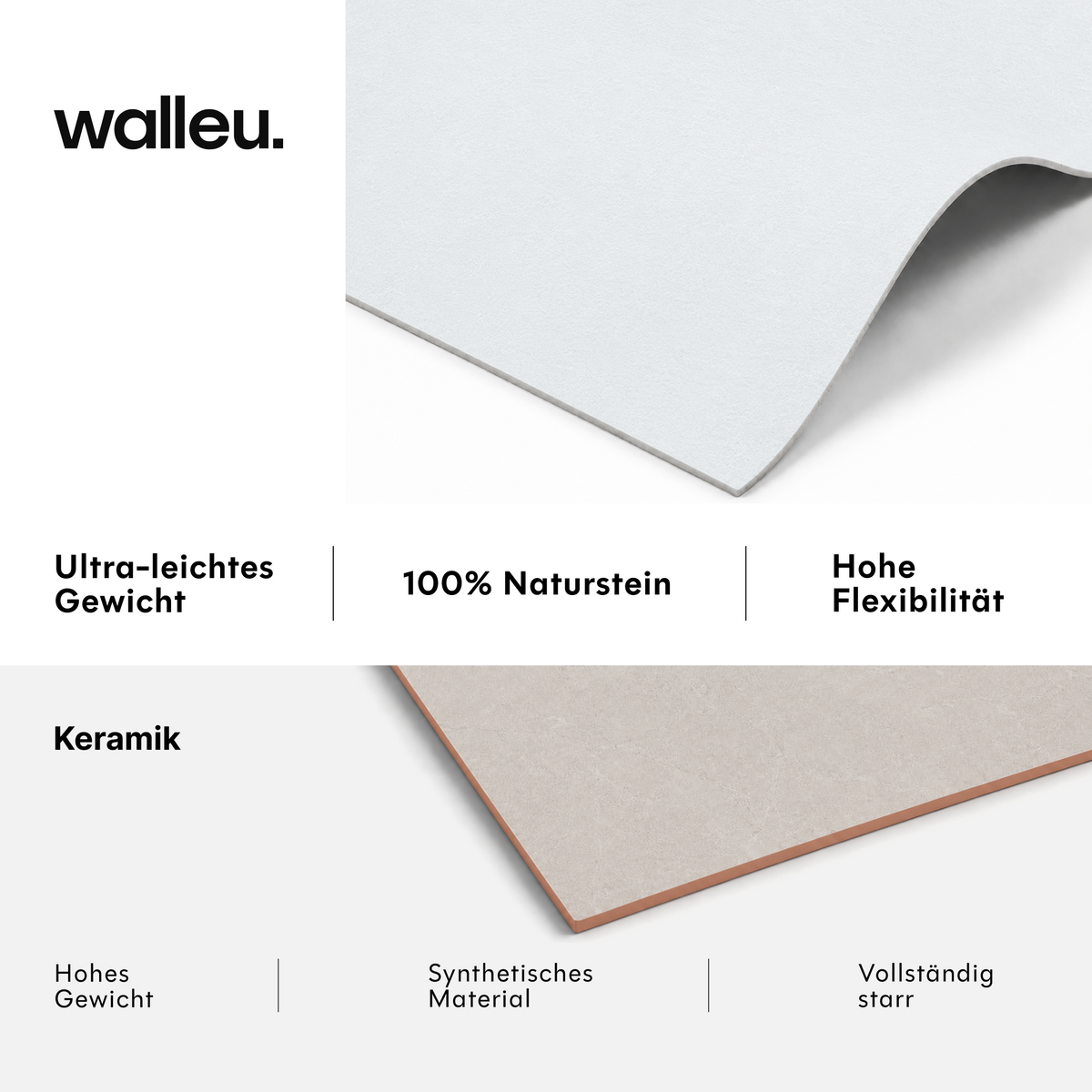Vergleich: Walleu-Platte ultraleicht, 100 % Naturstein und flexibel vs. Keramik schwer, synthetisch und starr #lang:de