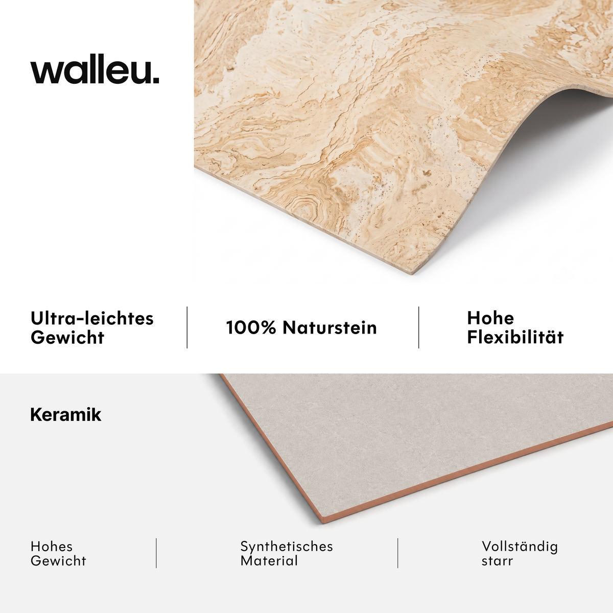 Vergleich: Walleu-Platte ultraleicht, 100 % Naturstein und flexibel vs. Keramik schwer, synthetisch und starr #lang:de