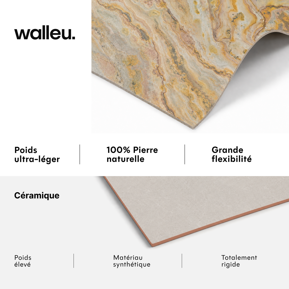 Comparatif : feuille Walleu ultralégère, 100 % pierre naturelle et flexible vs céramique lourde, synthétique et rigide #lang:fr