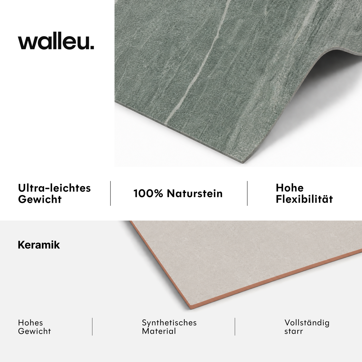 Vergleich: Walleu-Platte ultraleicht, 100 % Naturstein und flexibel vs. Keramik schwer, synthetisch und starr #lang:de