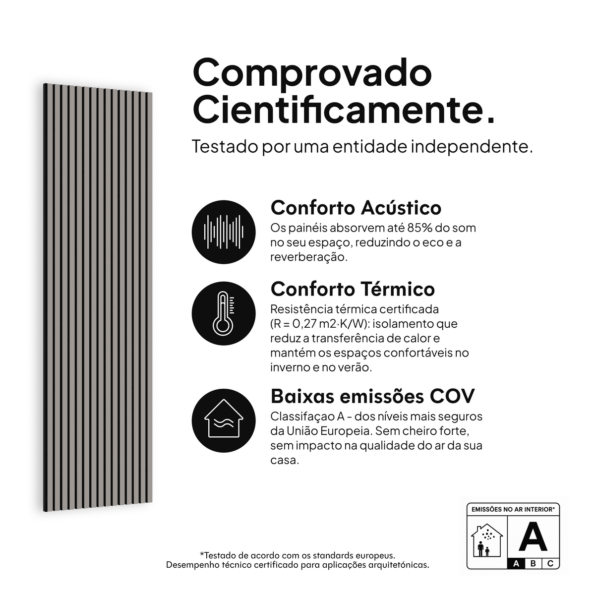 Painel acústico Cinza — comprovado cientificamente: conforto acústico, conforto térmico e baixas emissões COV #lang:pt