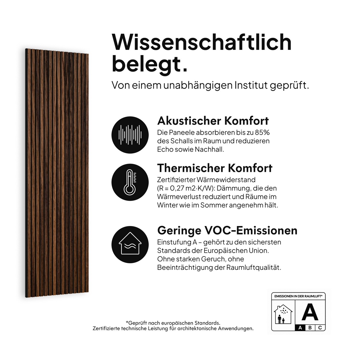 Akustikpaneel Eiche Geräuchert — wissenschaftlich belegt: akustischer Komfort, thermischer Komfort und geringe VOC-Emissionen #lang:de