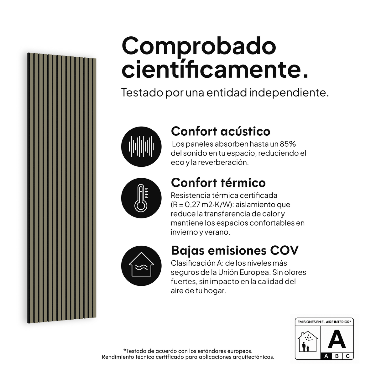Panel acústico Oliva — comprobado científicamente: confort acústico, confort térmico y bajas emisiones COV #lang:es