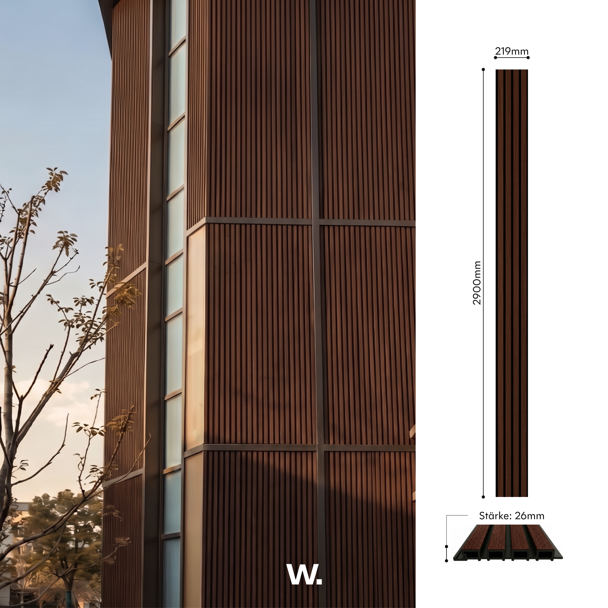 WPC-Paneel Nogueira — Profil 2900 × 219 mm, Stärke 26 mm #lang:de