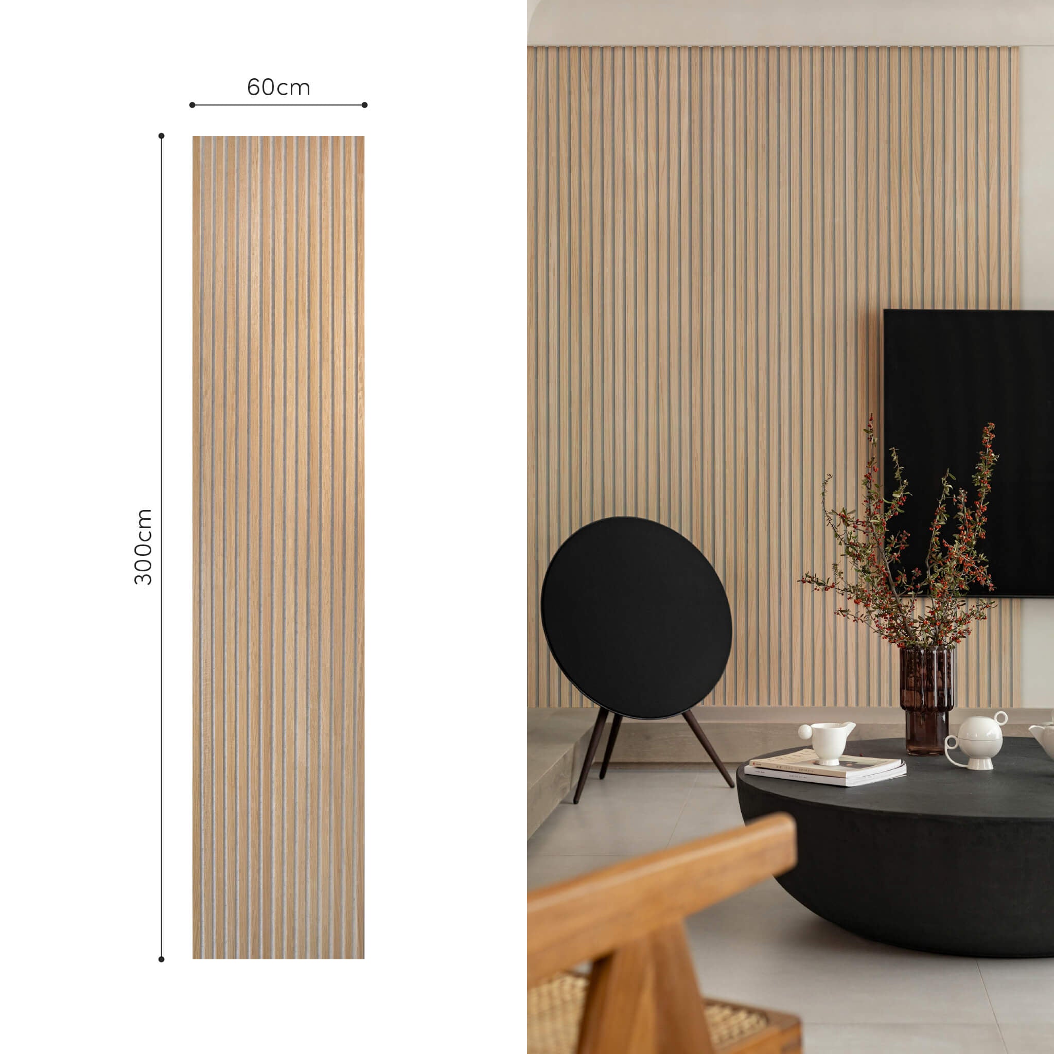 Painel Acústico Walleu 300 x 60cm | Carvalho Natural Feltro Cinza