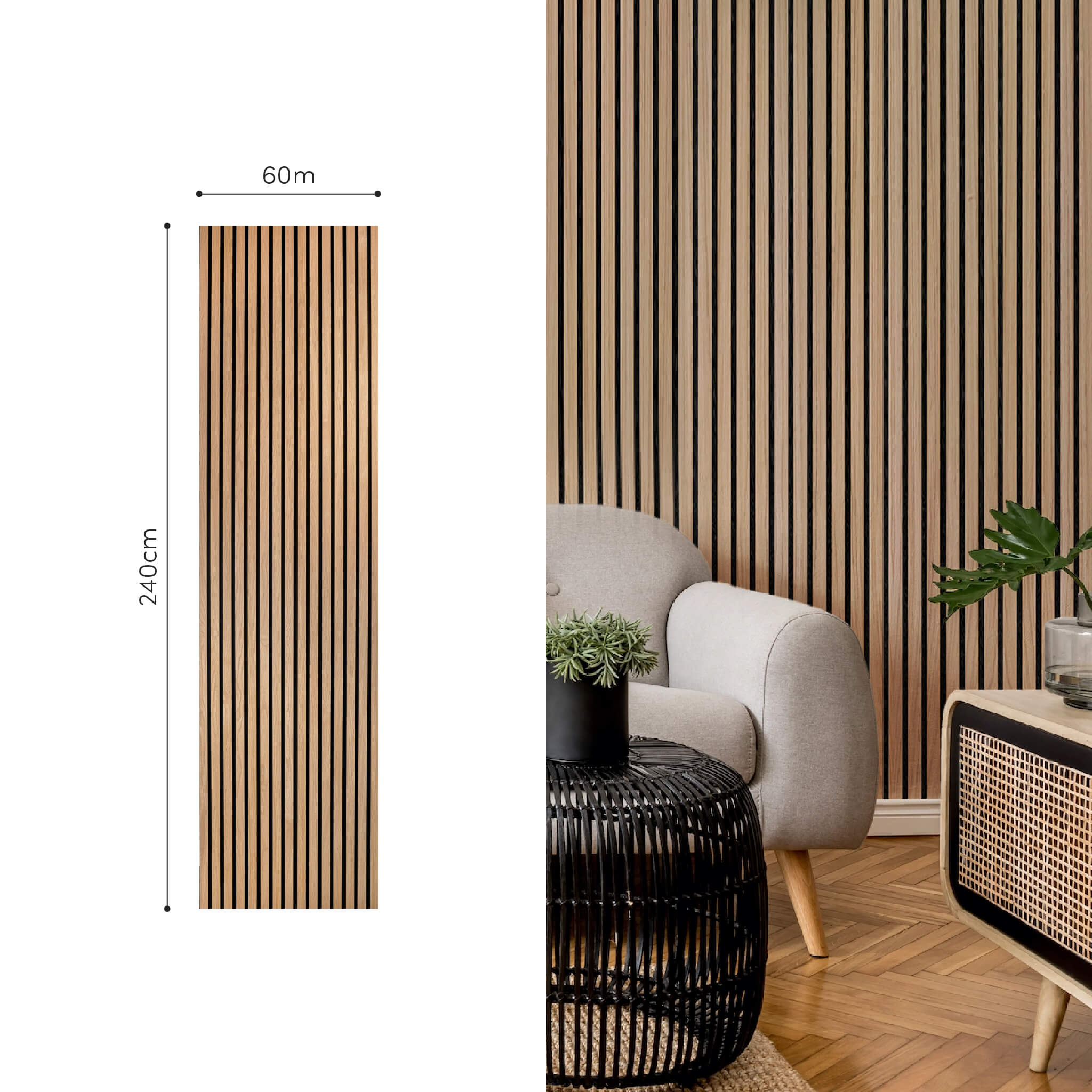 Akustikpaneele Walleu 240 x 60 cm | Natürliche Eiche - Innenseite Schwarz - Schwarzer Filz