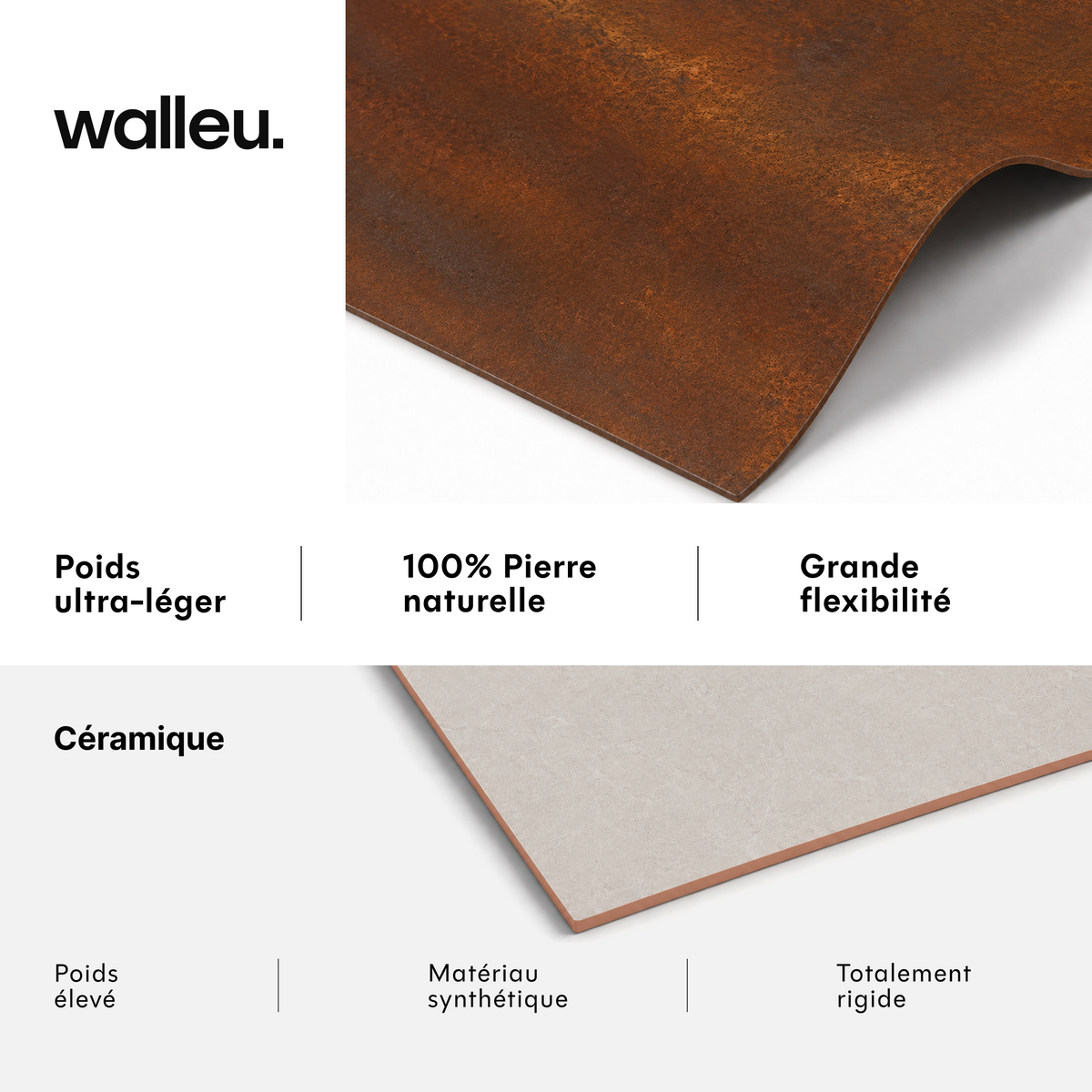 Comparatif : feuille Walleu ultralégère, 100 % pierre naturelle et flexible vs céramique lourde, synthétique et rigide #lang:fr