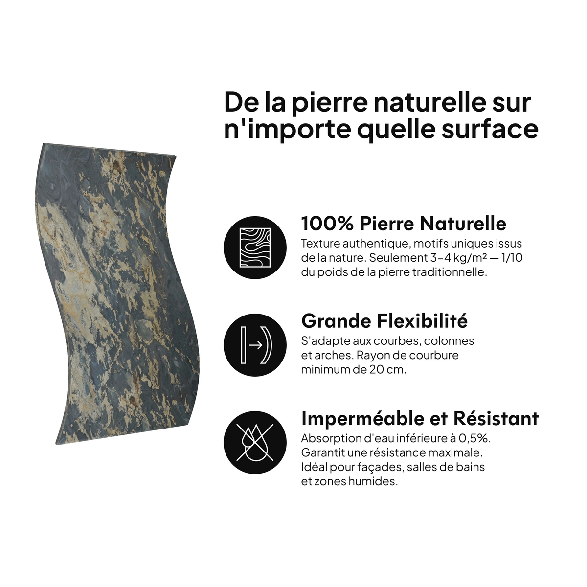 Pierre naturelle sur toute surface : 100 % pierre naturelle, grande flexibilité, imperméable et résistante #lang:fr