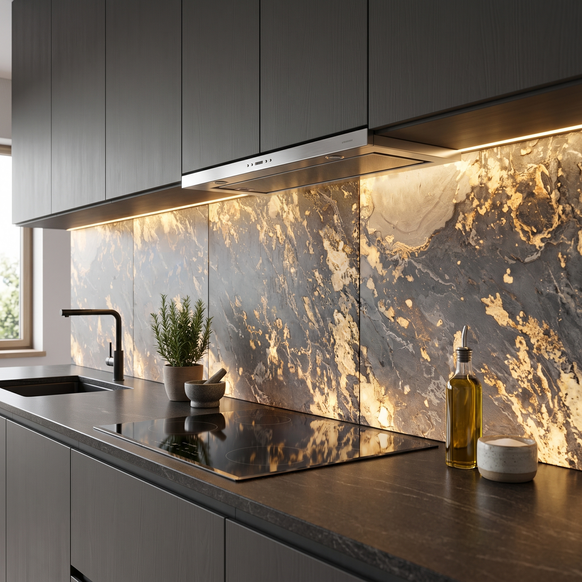 Cozinha moderna com salpico Atlas Translúcido retroiluminado por luz LED