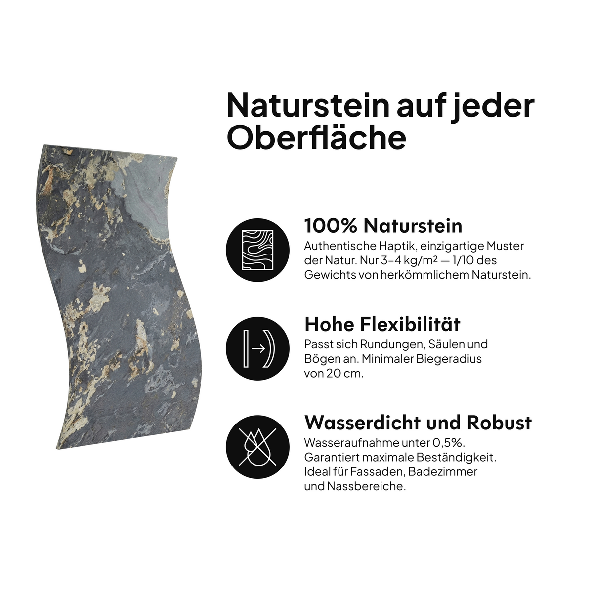 Naturstein auf jeder Oberfläche: 100 % Naturstein, hohe Flexibilität, wasserdicht und widerstandsfähig #lang:de