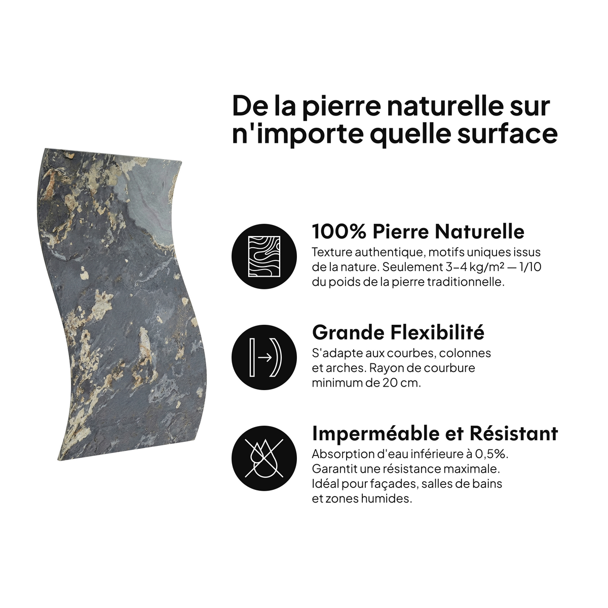 Pierre naturelle sur toute surface : 100 % pierre naturelle, grande flexibilité, imperméable et résistante #lang:fr