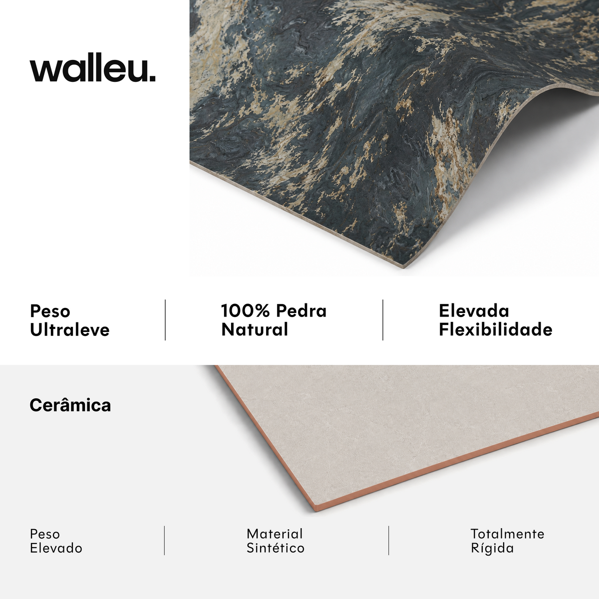 Comparação: folha Walleu ultraleve, 100% pedra natural e flexível vs cerâmica pesada, sintética e rígida #lang:pt
