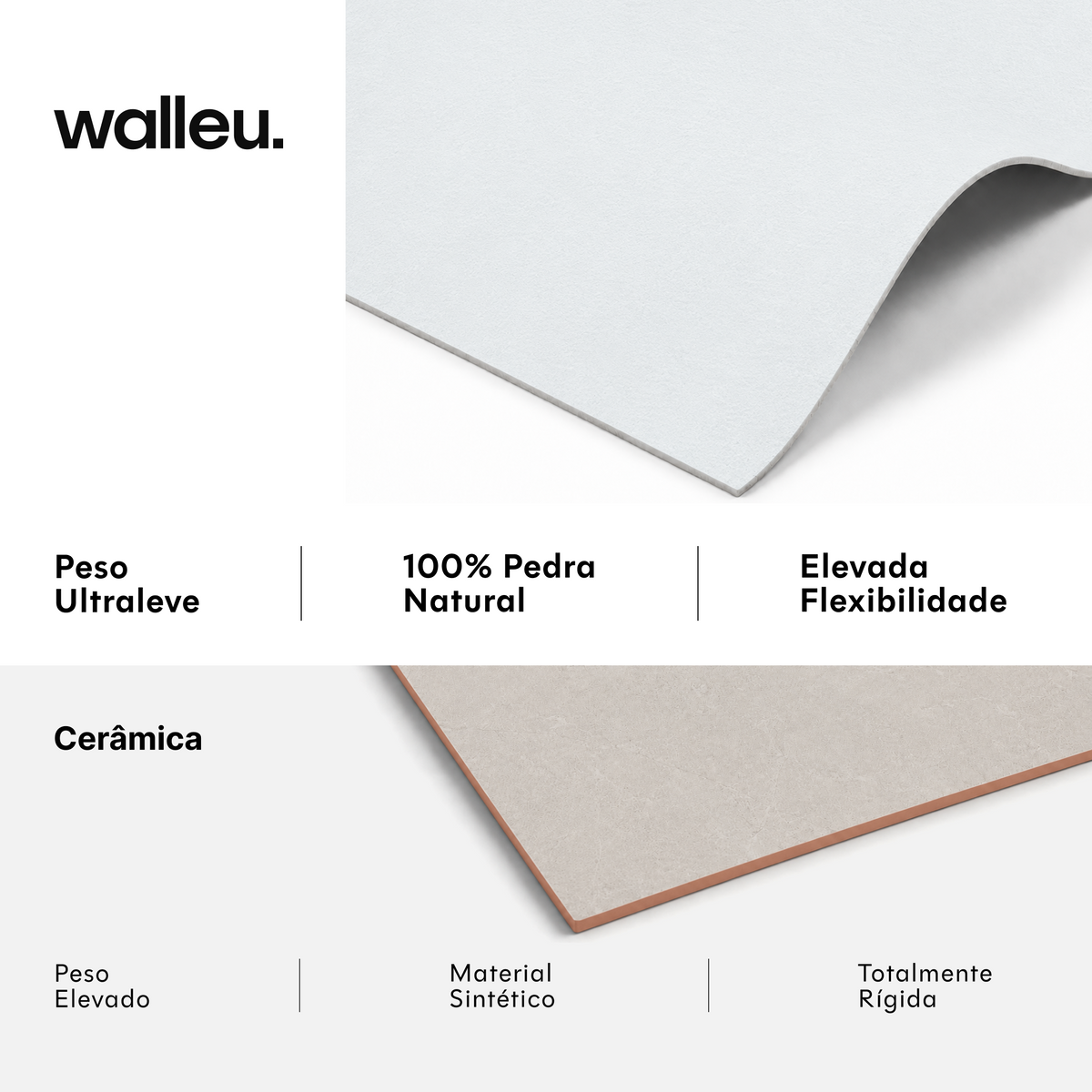 Comparação: folha Walleu ultraleve, 100% pedra natural e flexível vs cerâmica pesada, sintética e rígida #lang:pt