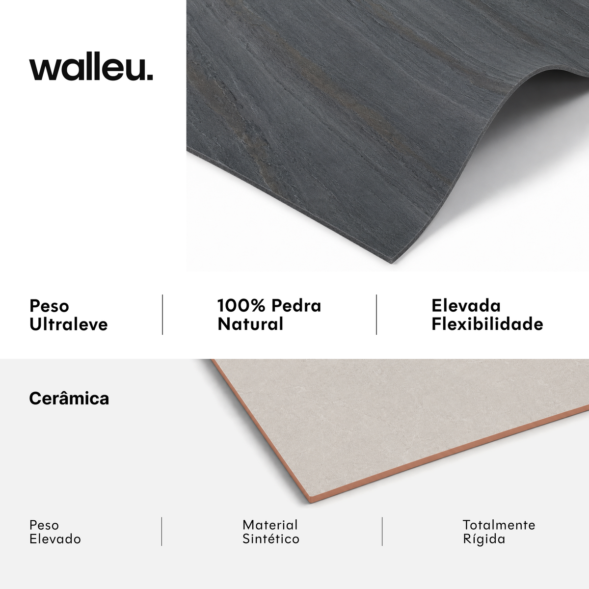 Comparação: folha Walleu ultraleve, 100% pedra natural e flexível vs cerâmica pesada, sintética e rígida #lang:pt