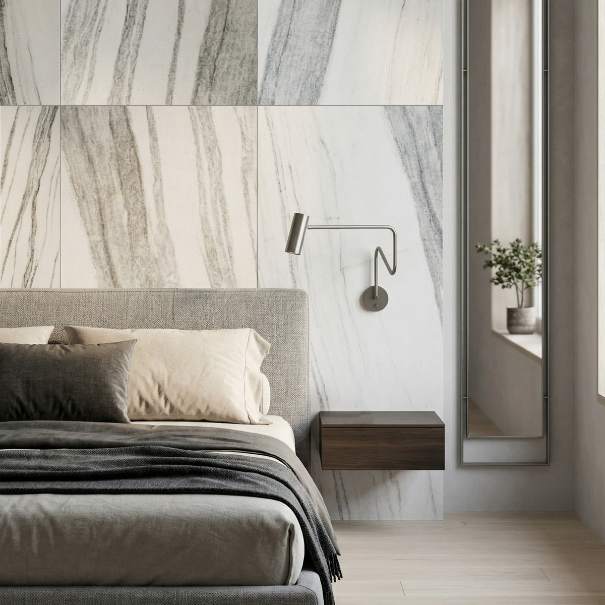 Mármore Fuji em parede de quarto com cama cinzenta