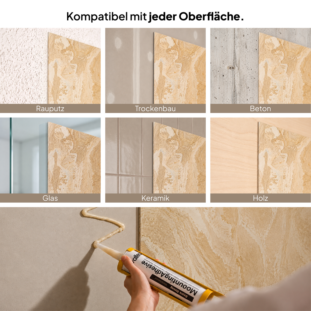 Kompatibel mit jeder Oberfläche: Rauputz, Gipskarton, Beton, Glas, Keramik und Holz #lang:de
