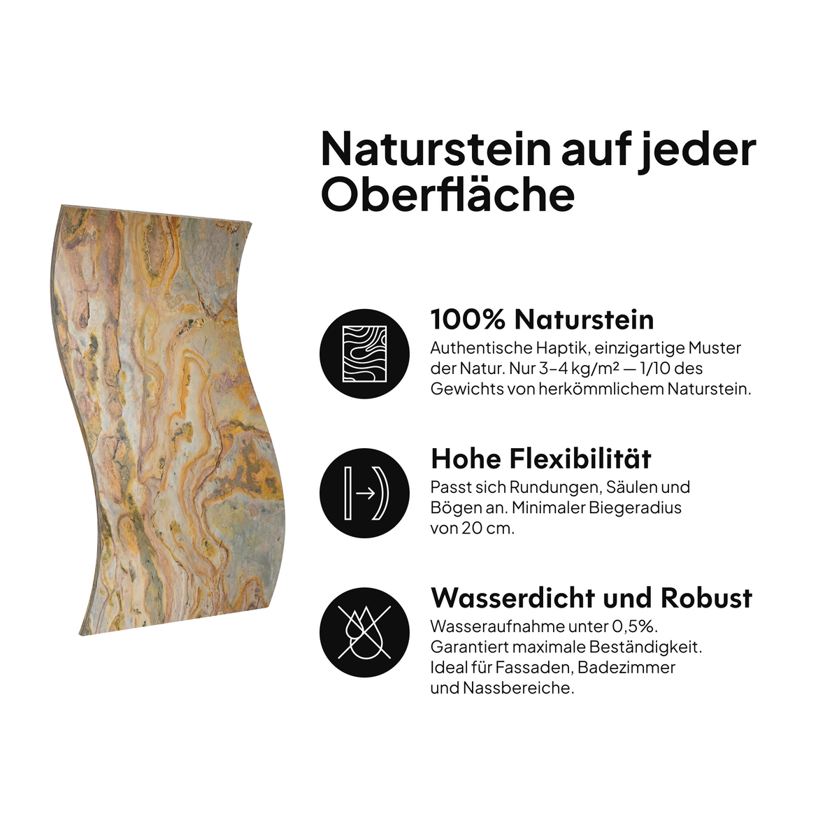 Naturstein auf jeder Oberfläche: 100 % Naturstein, hohe Flexibilität, wasserdicht und widerstandsfähig #lang:de