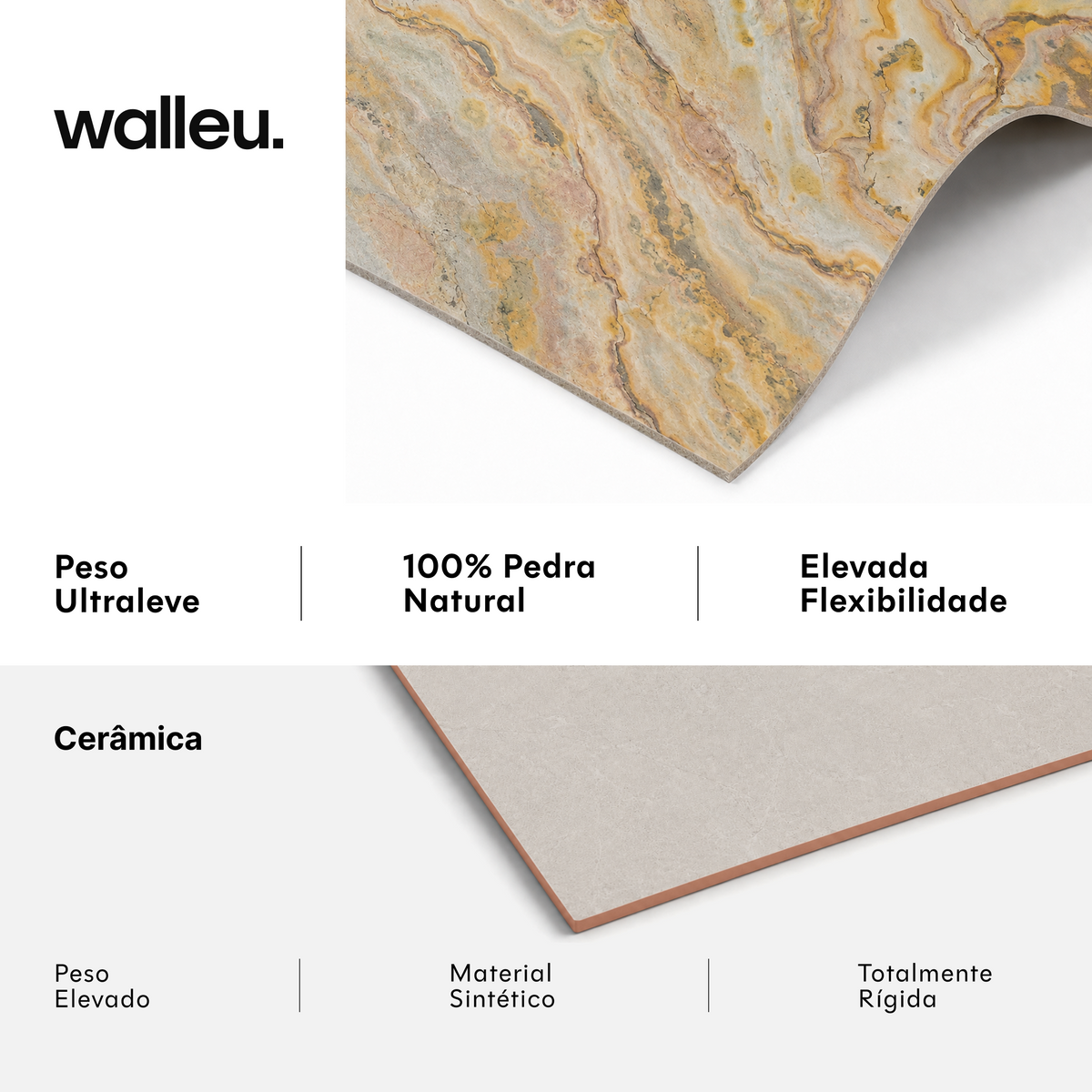 Comparação: folha Walleu ultraleve, 100% pedra natural e flexível vs cerâmica pesada, sintética e rígida #lang:pt
