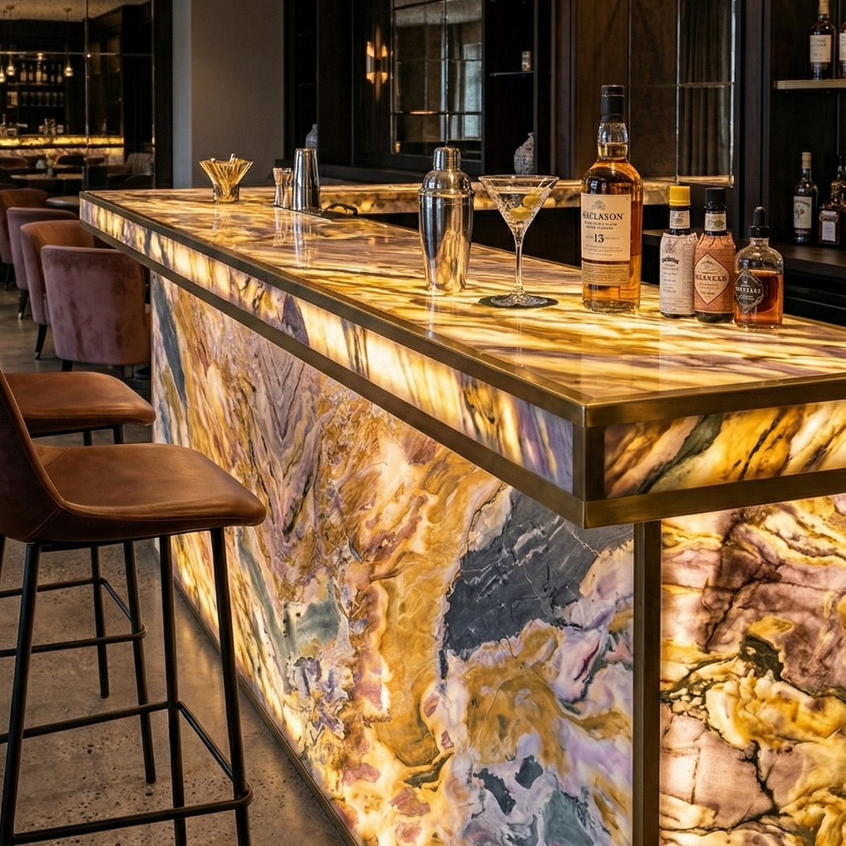 Balcão de bar em Makrana Translúcido retroiluminado com banquetas de couro
