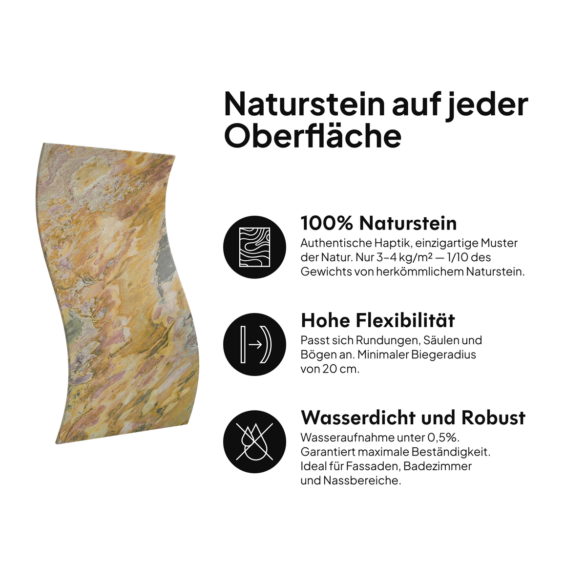 Naturstein auf jeder Oberfläche: 100 % Naturstein, hohe Flexibilität, wasserdicht und widerstandsfähig #lang:de