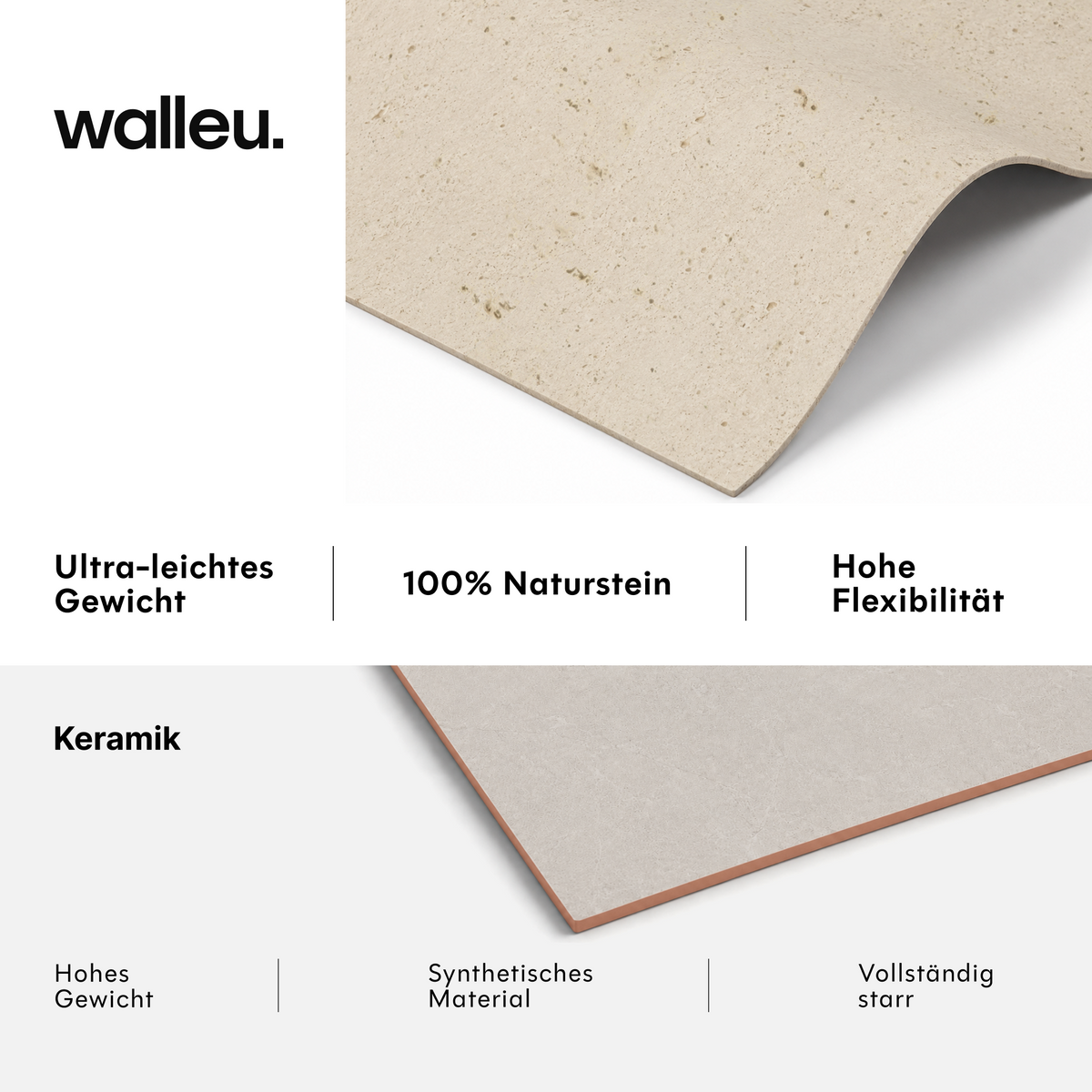 Vergleich: Walleu-Platte ultraleicht, 100 % Naturstein und flexibel vs. Keramik schwer, synthetisch und starr #lang:de
