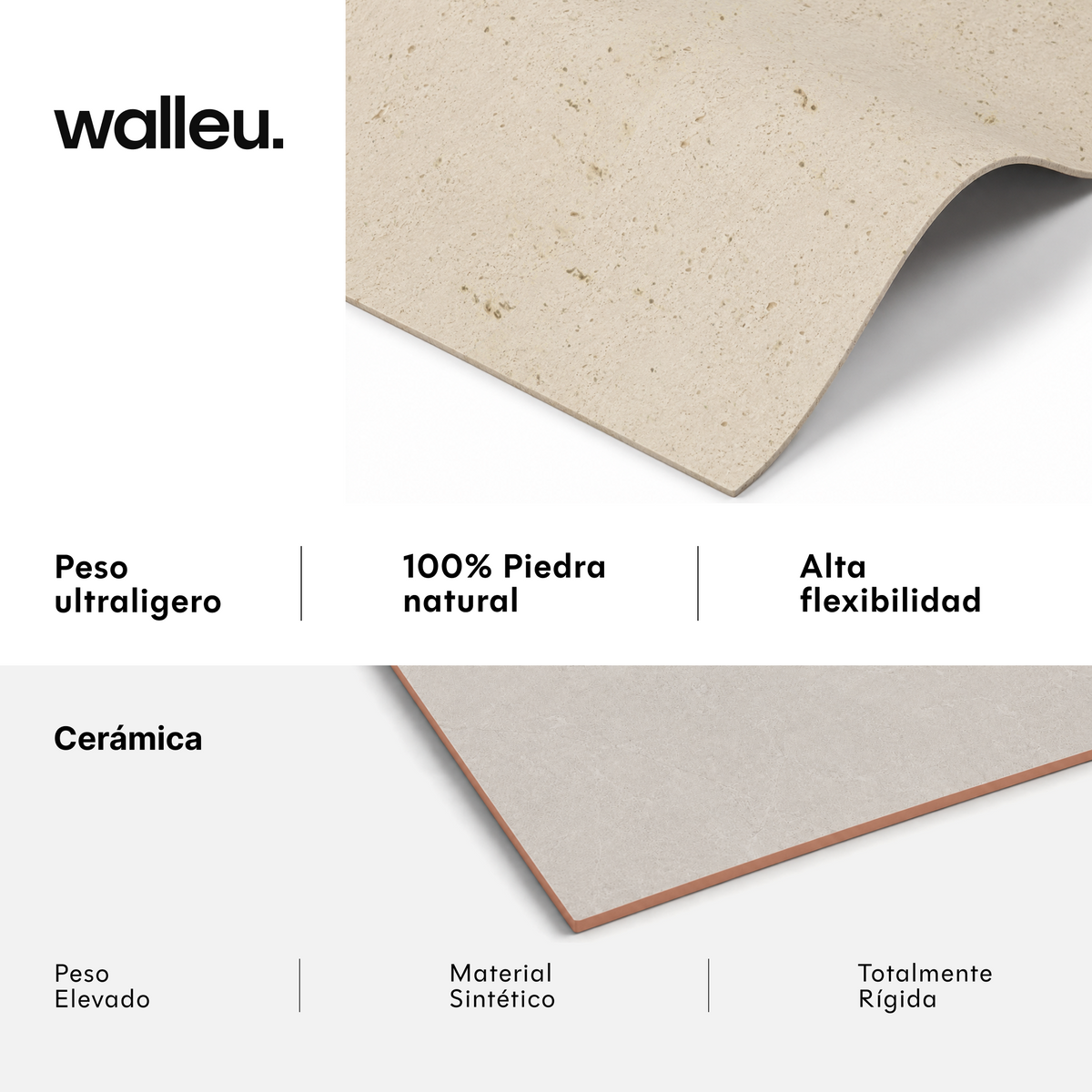 Comparativa: lámina Walleu ultraligera, 100% piedra natural y flexible vs cerámica pesada, sintética y rígida #lang:es