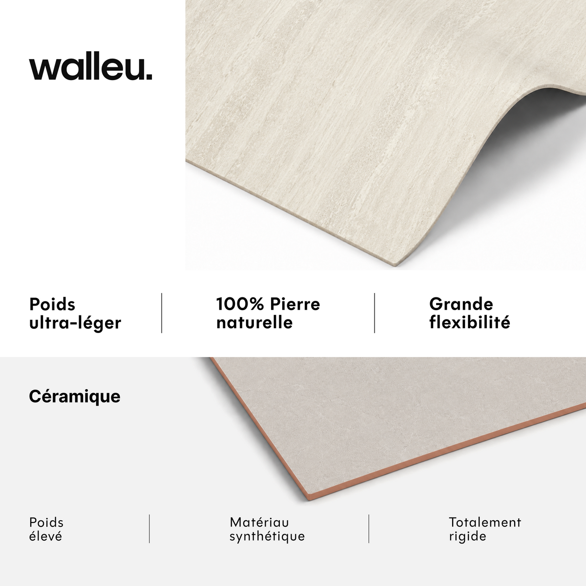 Comparatif : feuille Walleu ultralégère, 100 % pierre naturelle et flexible vs céramique lourde, synthétique et rigide #lang:fr