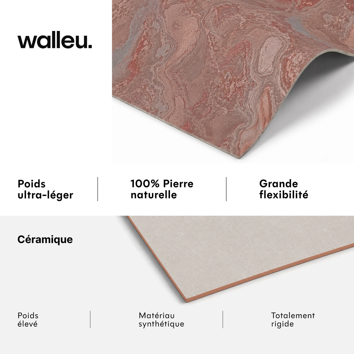 Comparatif : feuille Walleu ultralégère, 100 % pierre naturelle et flexible vs céramique lourde, synthétique et rigide #lang:fr