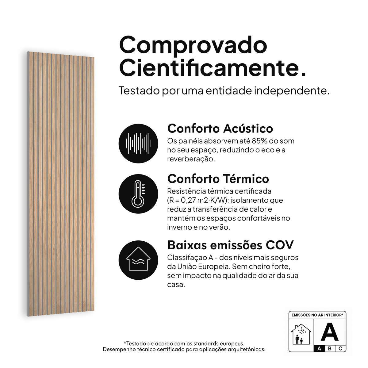 Painel acústico Carvalho Natural Feltro Cinza — comprovado cientificamente: conforto acústico, conforto térmico e baixas emissões COV #lang:pt