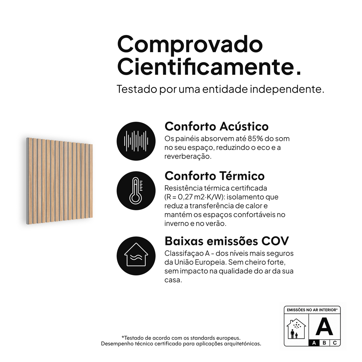 Painel acústico Carvalho Natural Feltro Cinza — comprovado cientificamente: conforto acústico, conforto térmico e baixas emissões COV #lang:pt