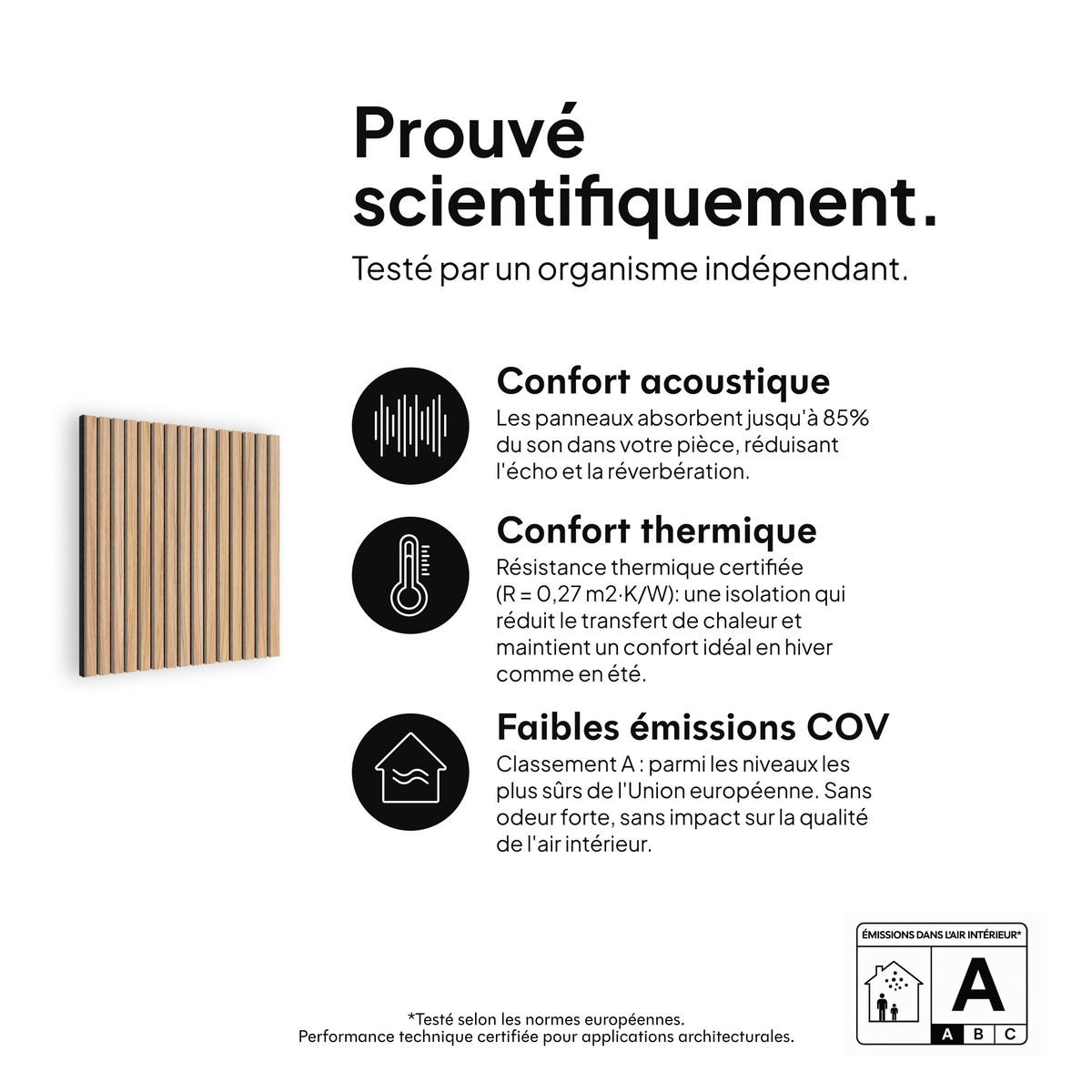 Panneau acoustique Chêne Naturel Feutre Noir — prouvé scientifiquement : confort acoustique, confort thermique et faibles émissions COV #lang:fr