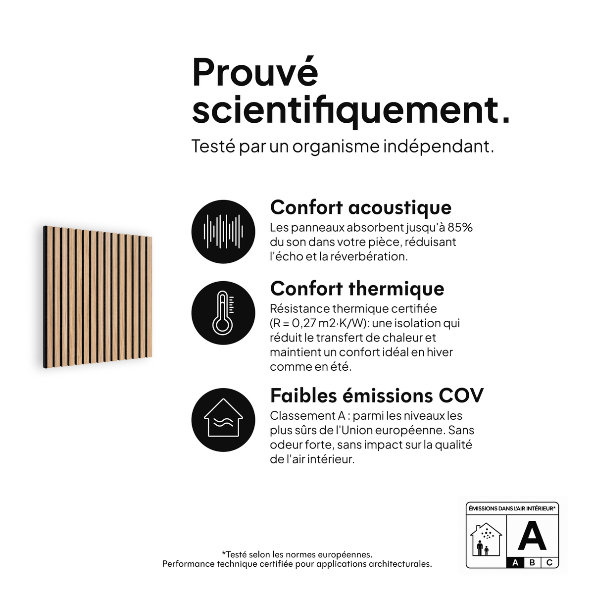 Panneau acoustique Chêne Naturel Noyau Noir Feutre Noir — prouvé scientifiquement : confort acoustique, confort thermique et faibles émissions COV #lang:fr