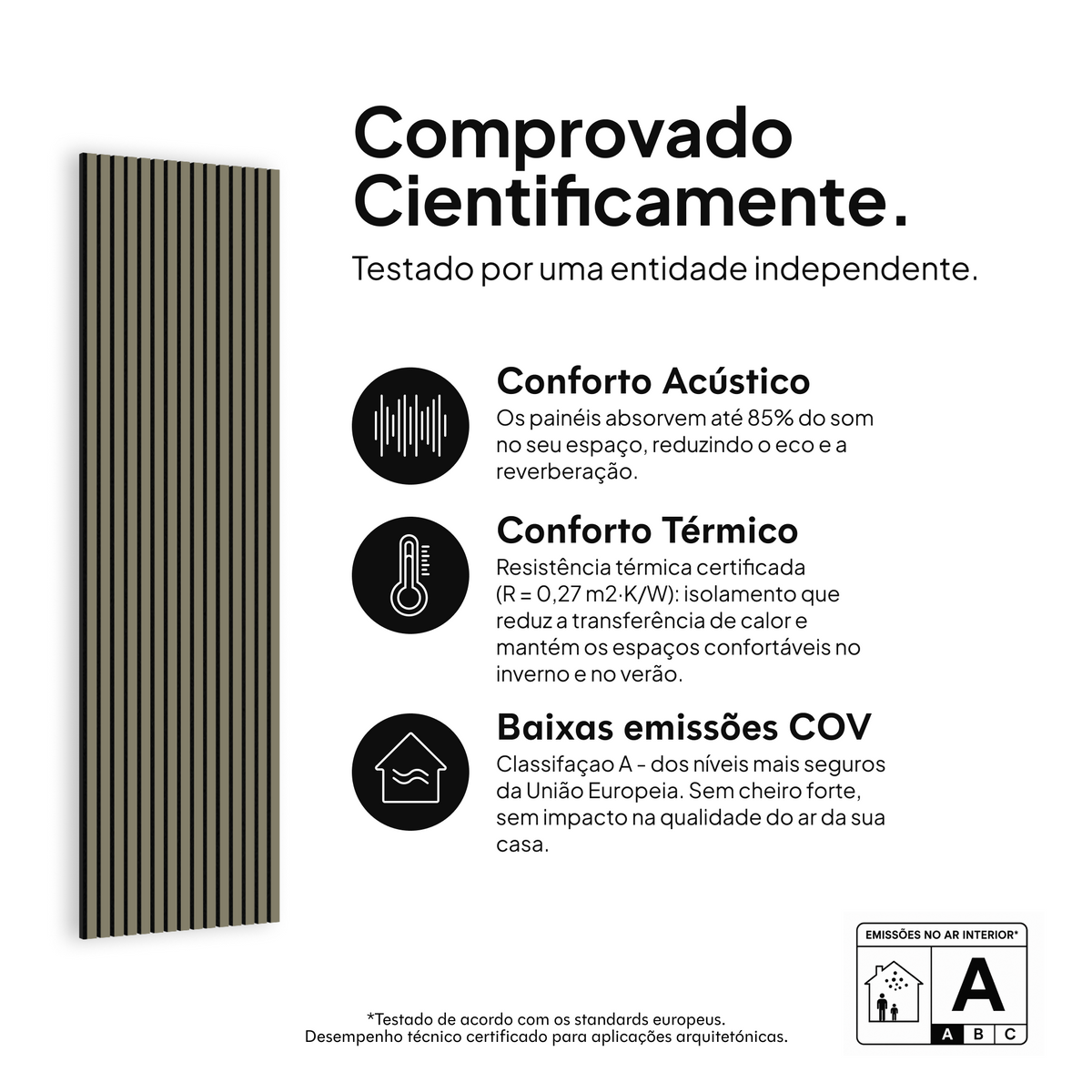Painel acústico Oliva — comprovado cientificamente: conforto acústico, conforto térmico e baixas emissões COV #lang:pt