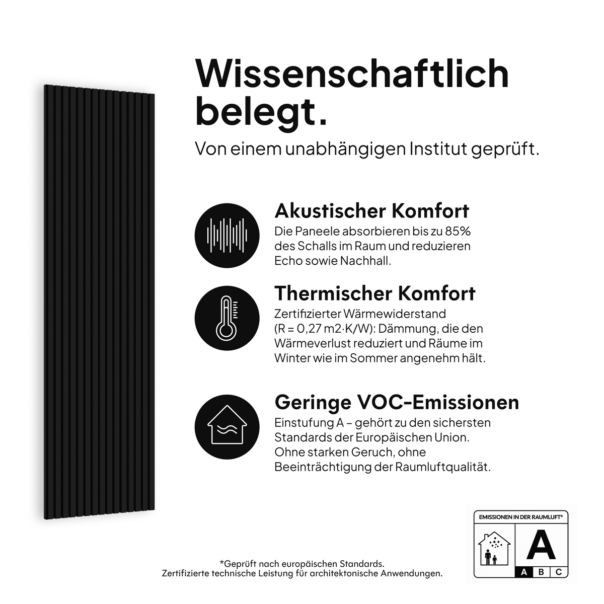 Akustikpaneel Schwarz — wissenschaftlich belegt: akustischer Komfort, thermischer Komfort und geringe VOC-Emissionen #lang:de