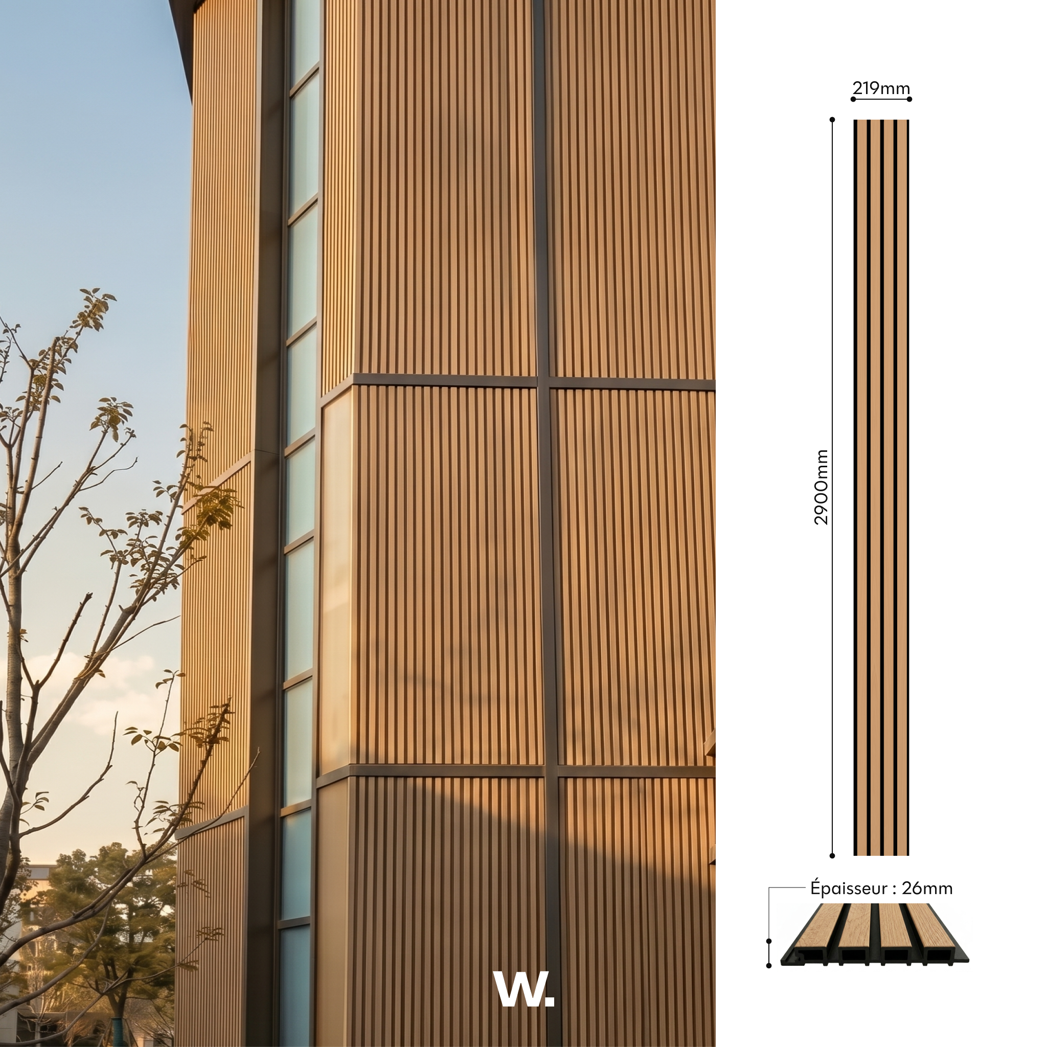 Panneau WPC Carvalho — profil de 2900 × 219 mm, épaisseur 26 mm #lang:fr