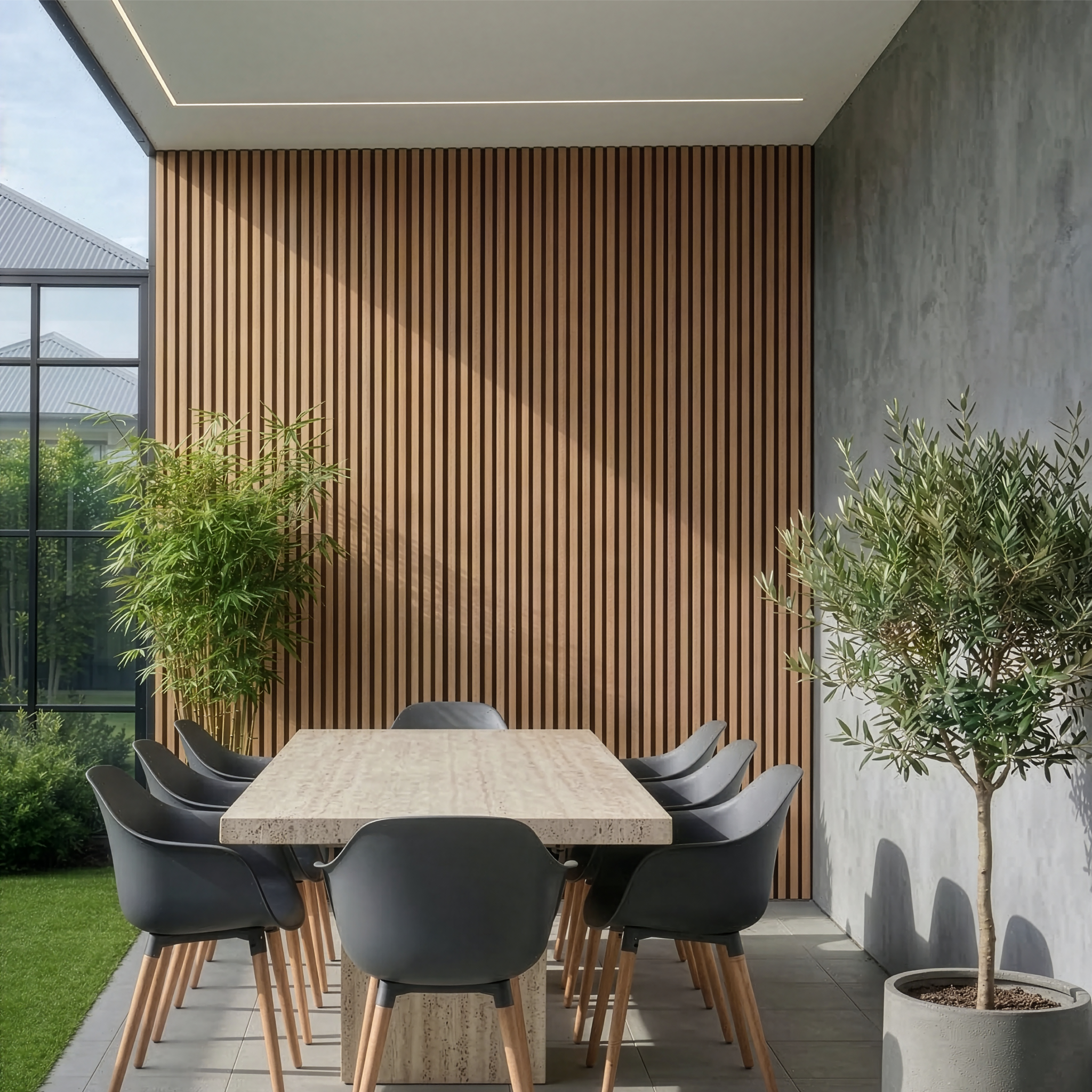 Parede de terraço revestida com painéis WPC Carvalho